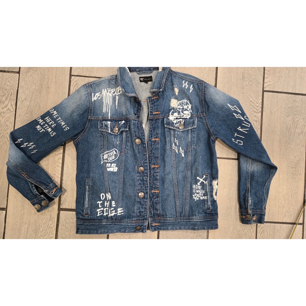 Waimea Mens Graffiti Distressed Denim Jacket Blue Streetwear Graphic Size S